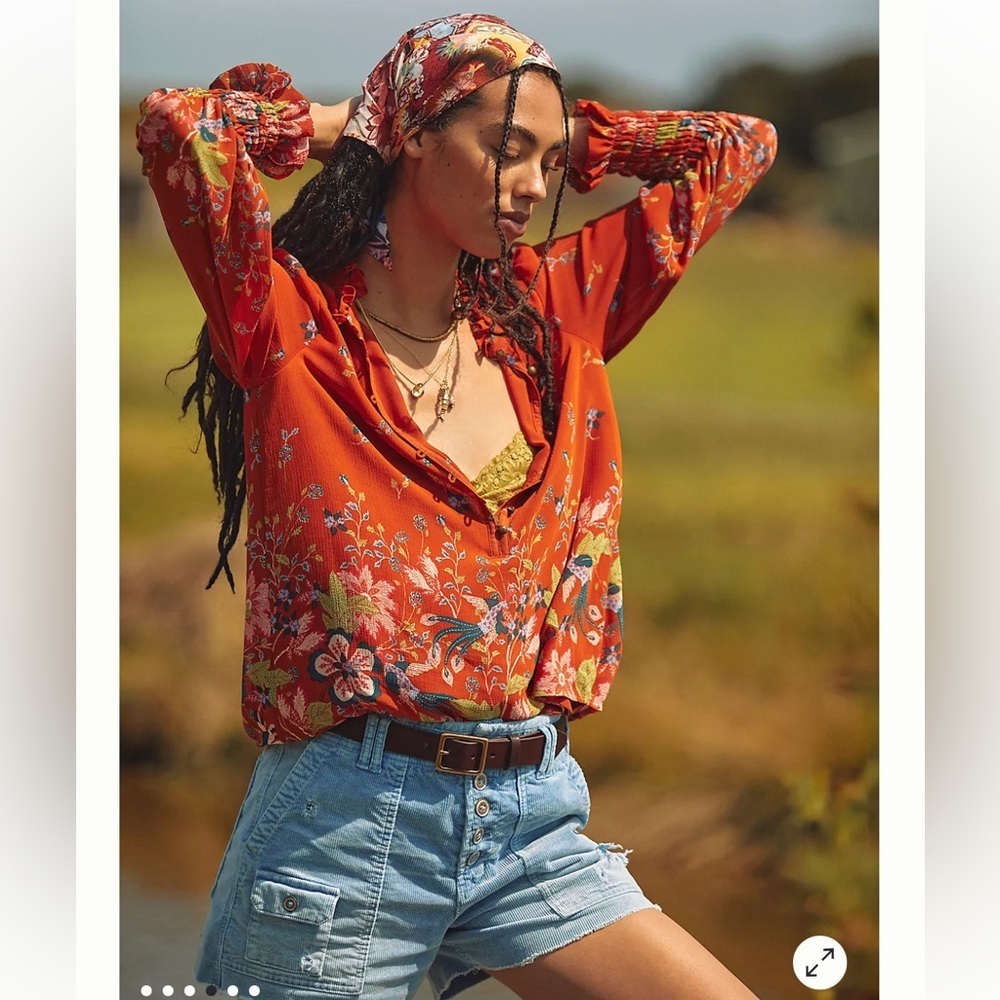 Anthropologie Floral Chiffon Blouse Top Orange Size S